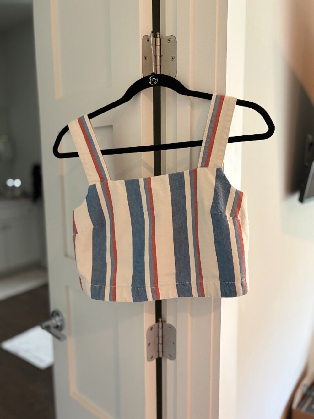 Sezane Striped Crop Top Blue Red Cream Square Neck Button Back FR 34 US 2 XS